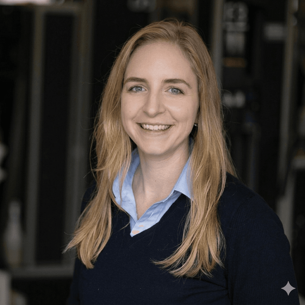 Portrait of Eimear Keane — blonde hair, navy jumper over a light blue shirt, smiling at the camera