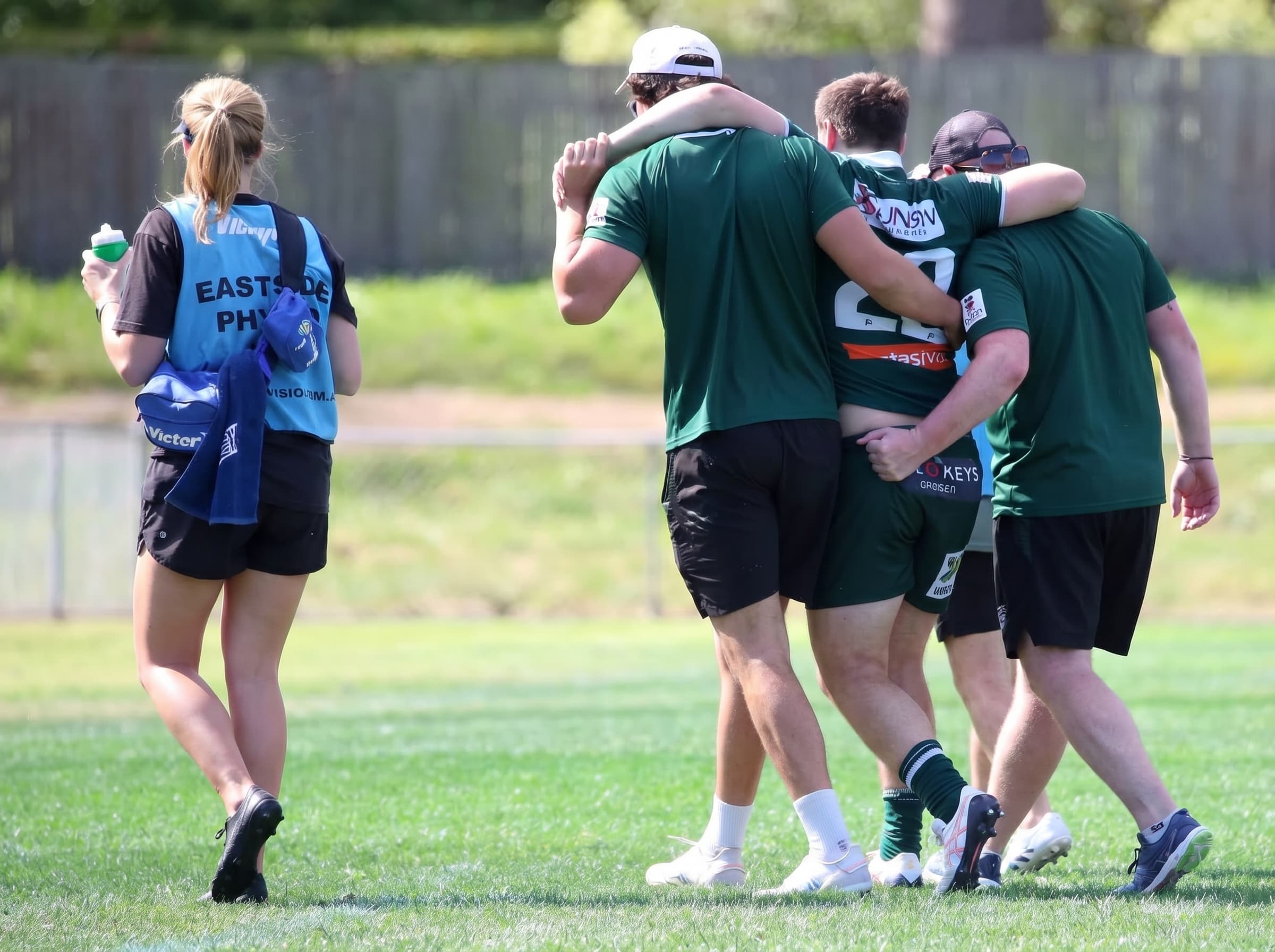 A physio in an Eastside Physiotherapy vest alongside teammates helping an injured rugby player off the pitch